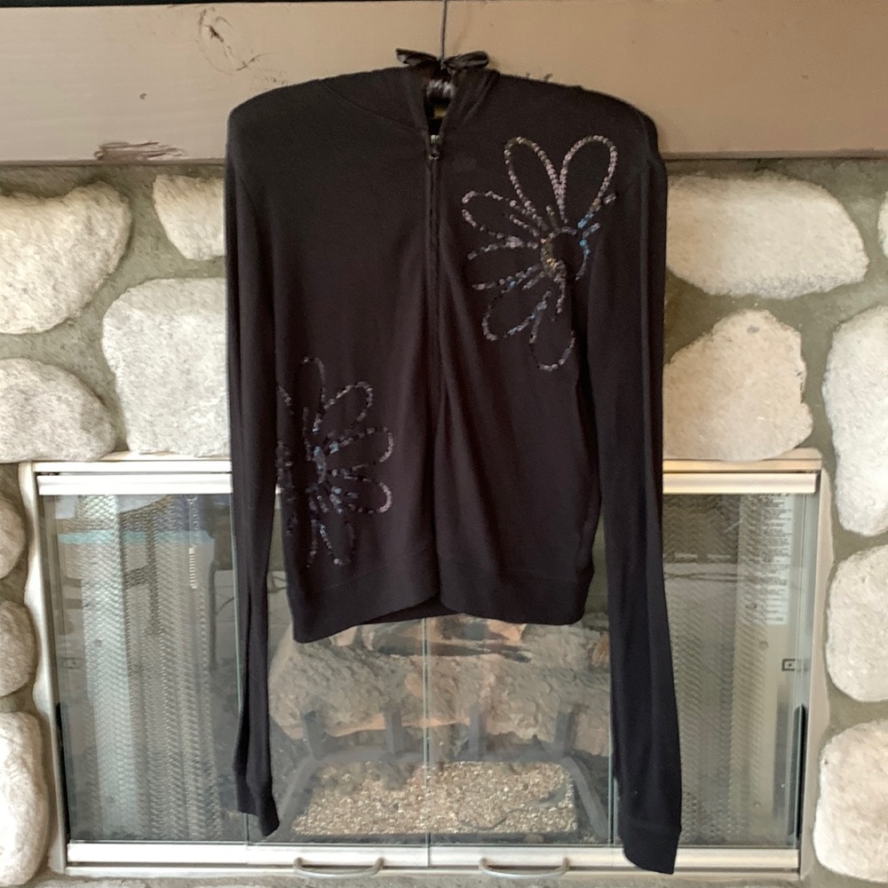 Justice Black Sequin Flower Zip Up Hoodie Sweater Size 16 Girls